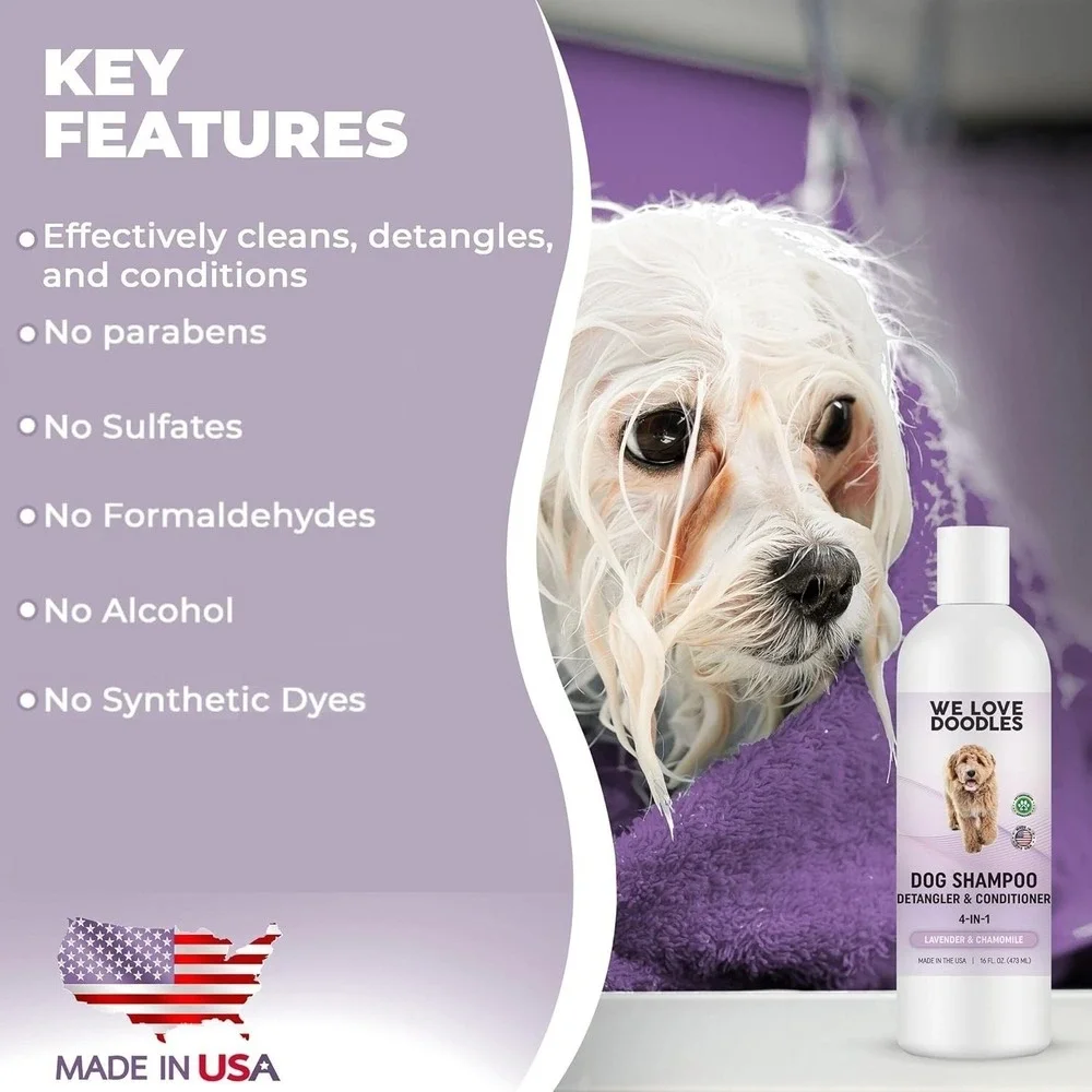 4-in-1 Dog Shampoo, Conditioner & Detangler – Lavender, 16oz, for Doodles